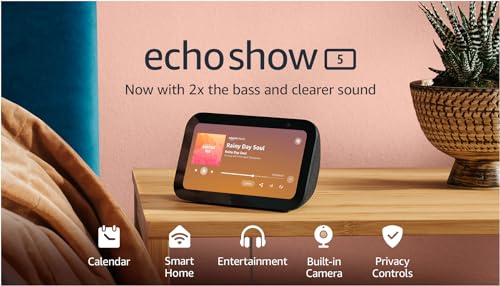 Echo Show 5 (3rd Gen, 2023 release) | Smart display with 2x the bass and clearer sound | Charcoal