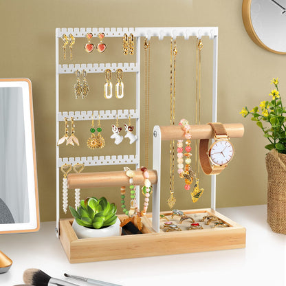 Godboat Jewelry Organizer, 4-Tier Earring Holder Organizer with 48 Holes, 6 Hooks Necklace Organizer, Wood Box for Bracelet & Ring, Mothers Day Gifts for Women, Cool Preppy Stuff & Room Decor (White)