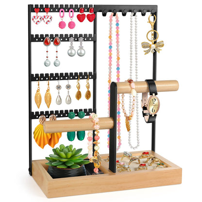 Godboat Jewelry Organizer, 4-Tier Earring Holder Organizer with 48 Holes, 6 Hooks Necklace Organizer, Wood Box for Bracelet & Ring, Mothers Day Gifts for Women, Cool Preppy Stuff & Room Decor (White)