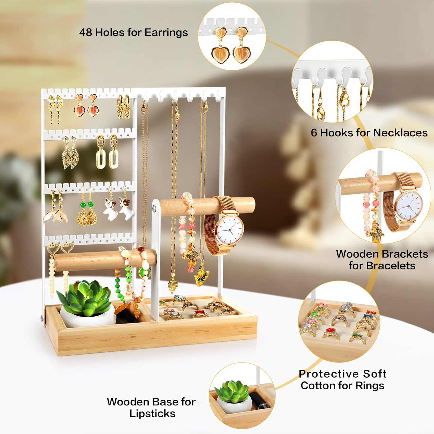 Godboat Jewelry Organizer, 4-Tier Earring Holder Organizer with 48 Holes, 6 Hooks Necklace Organizer, Wood Box for Bracelet & Ring, Mothers Day Gifts for Women, Cool Preppy Stuff & Room Decor (White)