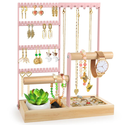 Godboat Jewelry Organizer, 4-Tier Earring Holder Organizer with 48 Holes, 6 Hooks Necklace Organizer, Wood Box for Bracelet & Ring, Mothers Day Gifts for Women, Cool Preppy Stuff & Room Decor (White)