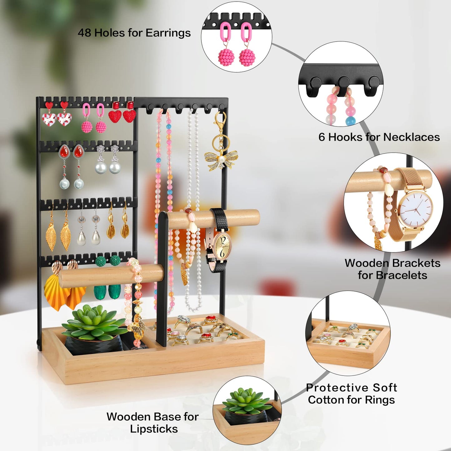 Godboat Jewelry Organizer, 4-Tier Earring Holder Organizer with 48 Holes, 6 Hooks Necklace Organizer, Wood Box for Bracelet & Ring, Mothers Day Gifts for Women, Cool Preppy Stuff & Room Decor (White)