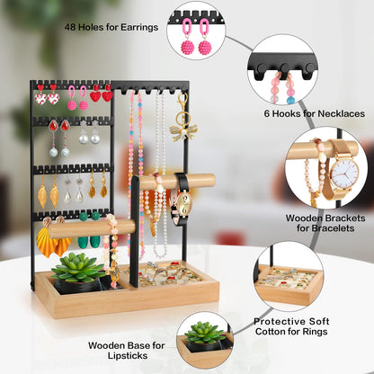 Godboat Jewelry Organizer, 4-Tier Earring Holder Organizer with 48 Holes, 6 Hooks Necklace Organizer, Wood Box for Bracelet & Ring, Mothers Day Gifts for Women, Cool Preppy Stuff & Room Decor (White)