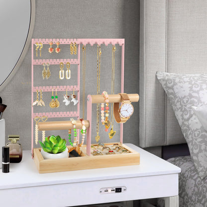 Godboat Jewelry Organizer, 4-Tier Earring Holder Organizer with 48 Holes, 6 Hooks Necklace Organizer, Wood Box for Bracelet & Ring, Mothers Day Gifts for Women, Cool Preppy Stuff & Room Decor (White)